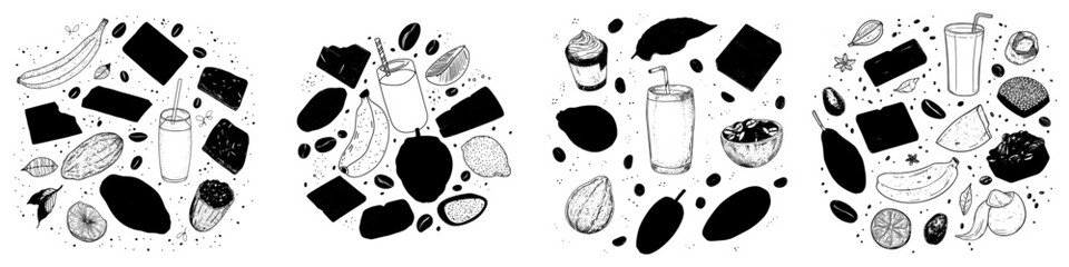 Poster - A modern graphic of a cacao tree and hand drawn cocoa beans is set against a white background in a chocolate design doodle