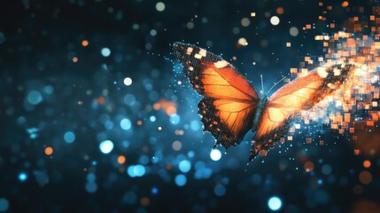Poster - A vibrant digital transformation concept with a butterfly emerging from pixelated elements, symbolizing change.