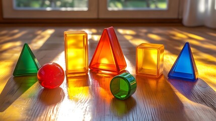 Poster - Colorful glass pieces arranged on a table in various shapes and hues creating a vibrant display