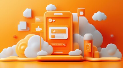 Poster - 3D Rendering of Smartphone with App Interface and Cloud Background
