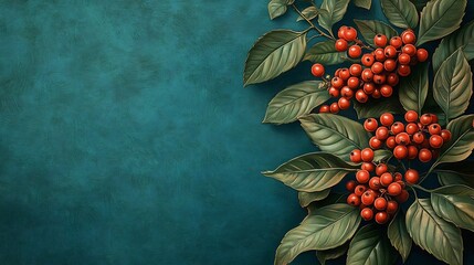 Wall Mural - Vibrant red berries elegantly arranged against a deep teal backdrop create a rich autumnal scene.. AI Generated