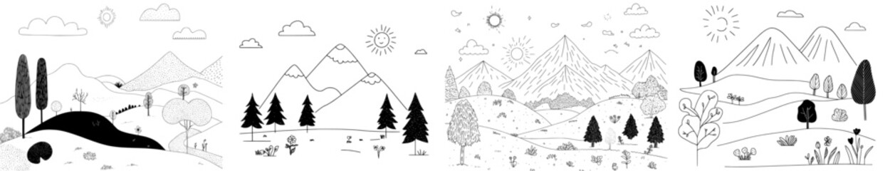 A cute kids coloring page featuring a landscape with sun, clouds, mountains, field, trees, bushes, and flowers, all illustrated in a modern hand-drawn doodle style