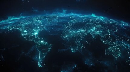 Poster - Abstract network connections across continents, glowing on a futuristic blue digital background.