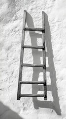Poster - Abstract Wooden Ladder Shadow on White Wall in Black and White Photography