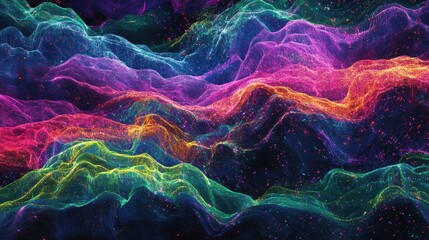 Poster - Digital music waves in vibrant neon colors, forming an abstract audio spectrum with glowing particles.
