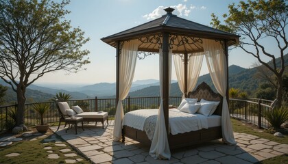 Wall Mural - An intimate and luxurious gazebo in a secluded hilltop location, featuring a comfortable chaise lounge and a romantic four-poster wedding bed