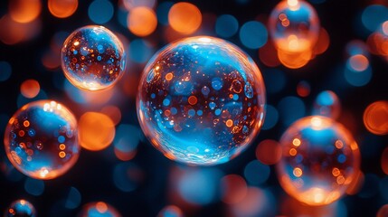 Poster - Abstract spheres, blue orange glow, dark background, science concept