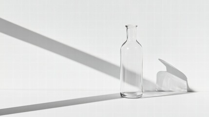 Poster - Clear glass bottle on white background with soft shadows and light patterns