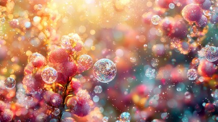 Wall Mural - enchanted flower garden: a dreamlike macro photography of sparkling bubbles and vibrant blossoms
