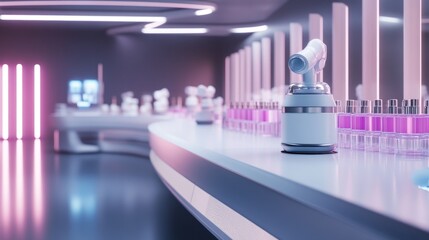 Poster - Futuristic Research Lab with Pink Liquid Samples and Advanced Equipment