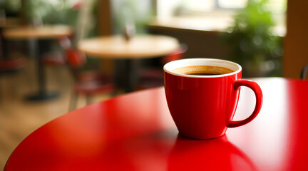 red mug of coffee on a red table in a cafe