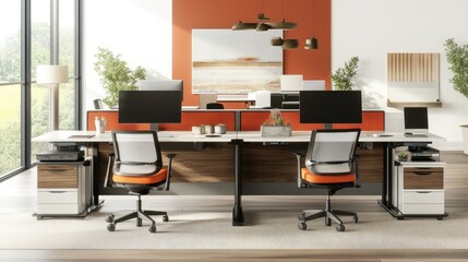 Poster - Spacious modern workplace with ergonomic desks, dual-monitor setups, and a collaborative open floor plan.
