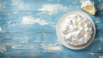 Wall Mural - Delicious Creamy Cake with Whipped Topping on Rustic Blue Wooden Table Surrounded by Sweet Ingredients and Decorated with Flavorful Whipped Cream