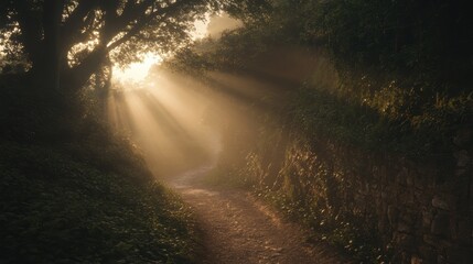Wall Mural - Sunlight Streaming Through Trees Along a Serene Forest Path in the Early Morning