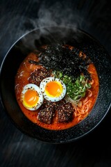 Wall Mural - Ramen with egg and meat on black plate. Hot soup with greens in a bowl