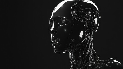 Poster - Sleek Chrome Female Robot Headshot in Dark Cyberpunk Style Design