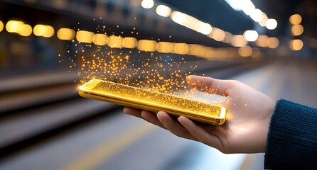 Poster - A hand holds a glowing smartphone that emits sparkling particles, set in a dimly lit environment.