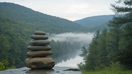 Canvas Print - Balanced stones, misty river valley, serene nature, calm