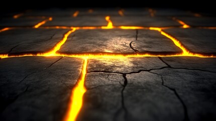 Wall Mural - Glowing Lava Cracks Dark Stone Pavement. AI Generated