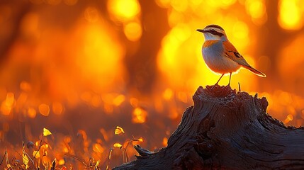 Sticker - Bird perched on wood at sunset, golden light, nature background, wildlife photography