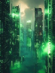 Poster - A futuristic cityscape composed of glowing green digital blocks, resembling skyscrapers, with a hazy, atmospheric background.