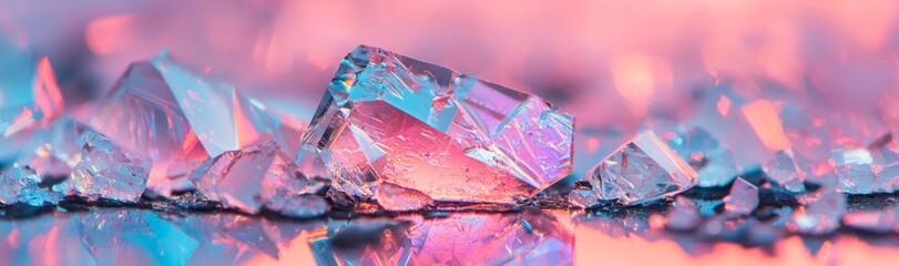 Poster - 3d render of a faceted gem with an abstract crystal background featuring an iridescent texture, capt