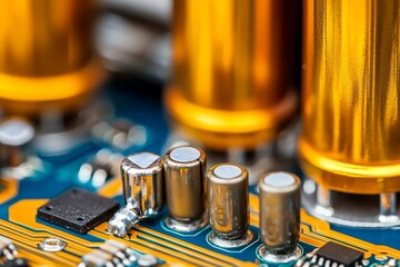 Poster - E-waste heap consisting of discarded laptop parts. Connectors, PCB, and notebook cards are prominent. A colorful, blurry background of PC components. Conveys the idea of the electronics industry,