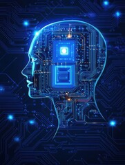 Poster - blue tech background with ai processor chip on circuit board.