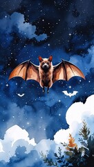 Wall Mural - Bat Flying in the Night Sky watercolor in Nocturnal Animals on plain white background