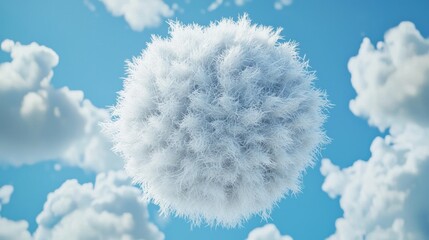 Aufkleber - A whimsical fluffy ball, soft and textured, floats gracefully through a vibrant blue sky, surrounded by scattered white clouds, evoking a sense of playfulness and wonder