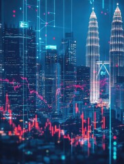 Poster - Forex trade market concept with digital indicators, graphs, financial diagram at night Kuala Lumpur city background. Double exposure