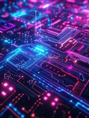 Poster - a futuristic digital circuit board with glowing blue and purple neon lights, representing technology