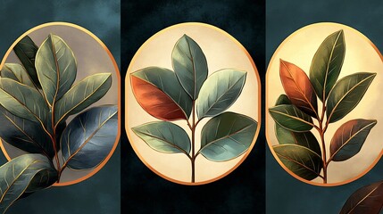 Wall Mural - Serene Triptych Softly Lit Botanical Leaves. AI Generated