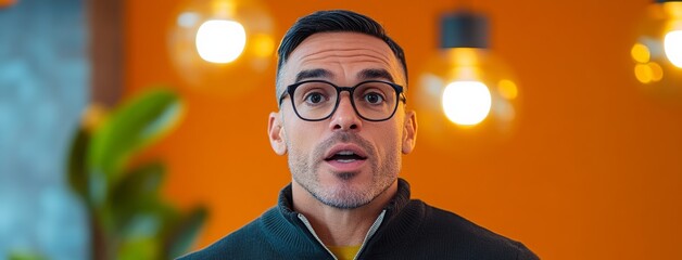 Poster - Man with glasses is looking at the camera. He is wearing a black jacket and a yellow shirt