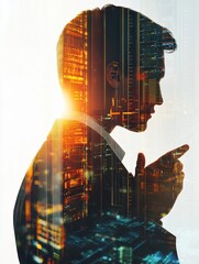Poster - Double exposure of businessman hand showing leader on server background as concept