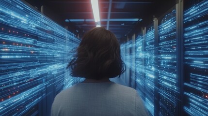 Poster - In a working data center, a young IT specialist is walking through a corridor lined with rack servers and supercomputers, illustrating the concept of high-speed internet connection through digits and