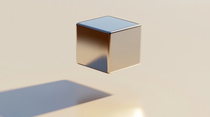 Poster - Chrome cube floats, soft light, minimal background, product display