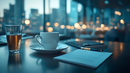Poster - Cityscape office meeting; coffee, documents, keyboard