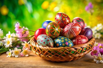 Wall Mural - Colorful Easter Eggs in a Basket - Joyful Spring Celebration Stock Photo