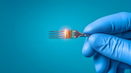 Poster - A hand in a blue glove holds a small fork with glowing electronic components against a teal background.
