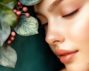 Introspective Portrait A Thoughtful woman standing in front of a green leafy wall, deep in self-reflection, beautifully composed with natural light illuminating her serene face This image captures a