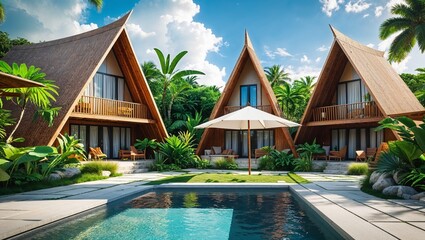 Wall Mural - modern tropical resort-style setting featuring three distinct A-frame wooden structures with steeply pitched roofs.