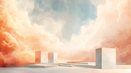 Wall Mural - Serene White Cubes Bask in Soft Sunset Light. AI Generated