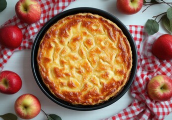 Poster - Freshly Baked Apple Pie with Golden Crust Surrounded by Red Apples and Red Gingham Cloth Creating a Cozy Autumn Atmosphere