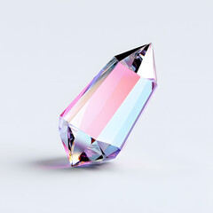 Bright reflective crystal, holographic diamond shape gem isolated on light pastel background