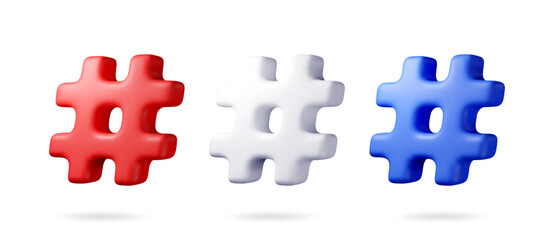 Poster - 3d realistic hashtag symbol isolated on white. render hash tag icon for social media. chat message, 