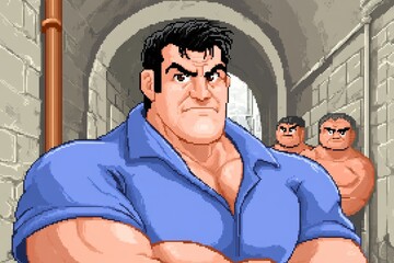 Poster - A 8-bit pixel art of a retro video game character training by fighting against pixelated dummies in a dungeon-like environment