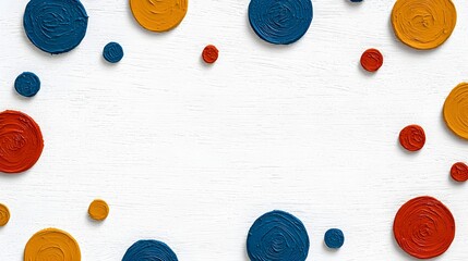 Poster - Colorful circular paint blobs in blue, orange, and red arranged on a textured white background, creating a vibrant and artistic display.