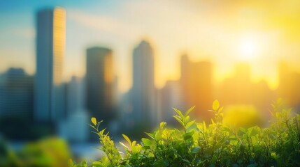 a city skyline with a green bush in the foreground