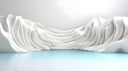Poster - Abstract white landscape with flowing, wave-like shapes and a serene water surface below, creating a calm and modern aesthetic.